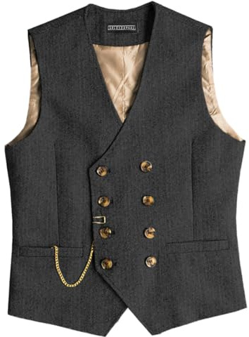 Solovedress Gilet de costume en tweed vintage pour homme Gilet à double boutonnage pour mariage, Noir , L