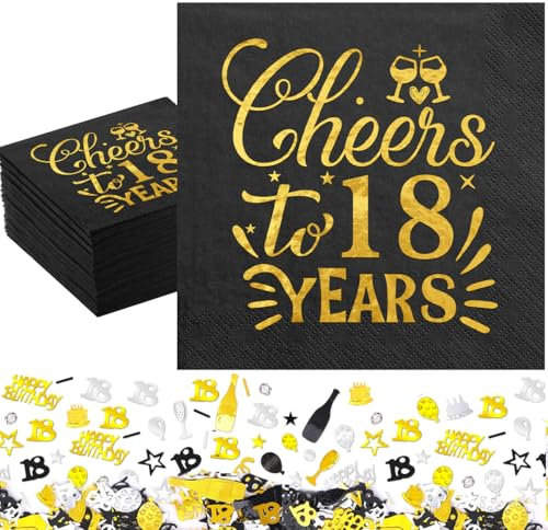 Servietten 18 Geburtstag 60 Stück mit 15g Konfetti Geburtstag, Cheers 18 Years Servietten Geburtstag, Happy Birthday Servietten, Servietten 18. Geburtstag Junge Mädchen, Papierservietten 33X34cm