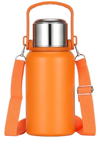 Insulated Water Bottle Metal Water Bottle 32oz/1000ml, Large Double Wall Metal Sports Water Bottle with Lid & Strap Design for Men, Women, for Gym Camping Hiking Travel Home Office, Orange