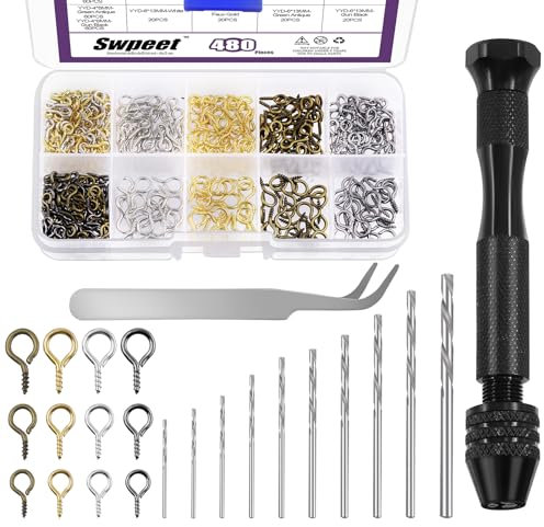 Swpeet 492Pcs Pin Vise Small Push Hand Drill and 0.8-3mm Drill Bits Set with Tweezer and 8/10/13mm Length Eye Screws Assortment Kit, Hand Drill for DIY Keychain, Jewelry Making, Resin Polymer Clay