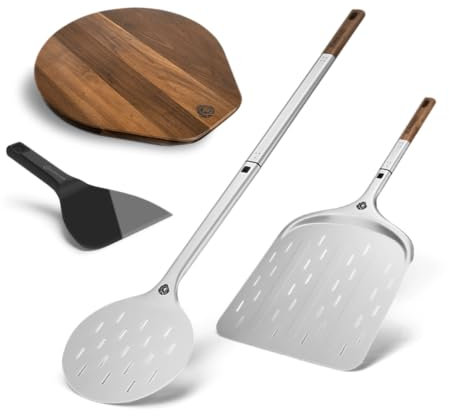 BURNHARD Pizza Set Pro - Pizzaschieber, Pizzawender, Pizzabrett & Teigspachtel - Aluminium-Schaufel & Akazienholz-Griff, mit Steckmechanismus, temperaturbeständig für Pizzaofen