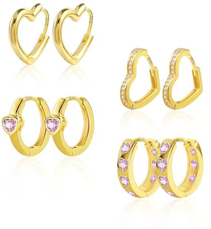 Silber 925 Ohrringe Gold Creolen Herz Set, ALEXCRAFT 4 Paar Multipack 14K Vergoldet Herzform Ohrringe Set Kleine Damen Frauen Silber 925 Creolen mit Rosa Zirkon Huggie Kreolen Herz Creolen Gold Set