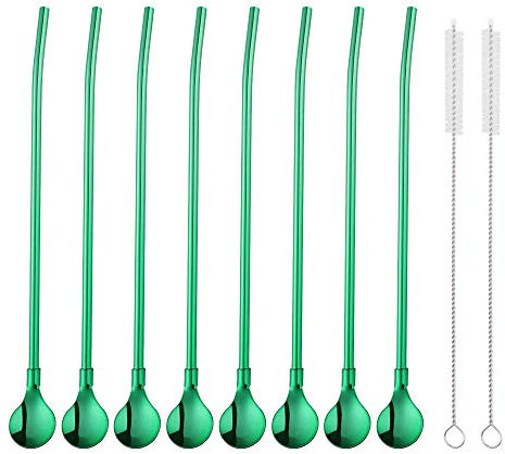 SBOMHS Wiederverwendbare Strohhalme Löffel 18/8 Edelstahl 8 Stück Trinkhalmlöffel mit 2 Bürsten Cocktail Latte Macchiato Löffel 21,5CM (Grün)