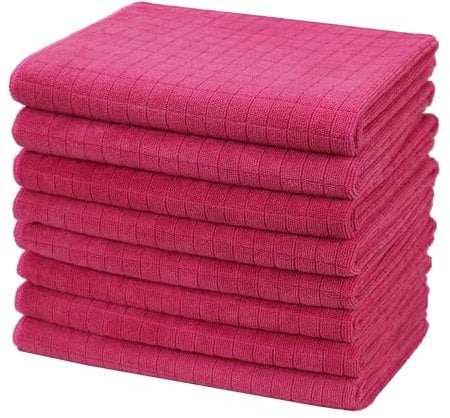 gryeer 8 Pack Tea Towels, 100% Microfibre, Soft, Super Absorbent and Lint Free Kitchen Towels, 45 x 65 cm, Pink