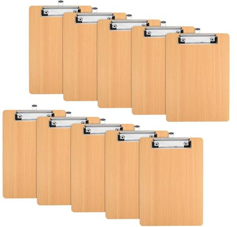 10 Stück Klemmbrett Holz, Wooden Clipboard, Schreibbrett Klemmbrett, Klemmbrettmappe, Klemmbretter mit Metallklemme und AufhäNgeöSe, Hellbraun Zwischenablage für Schule, Büro, Restaurant (A5)