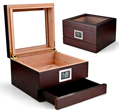 Zigarrenetui, Humidor Mit Großer Kapazität, Glasplatte, Trennzone, Humidor Aus Zedernholz, Mit Elektronischem Hygrometer Und Luftbefeuchtern, Für 80 Zigarren,DarkBrown-SinglePack
