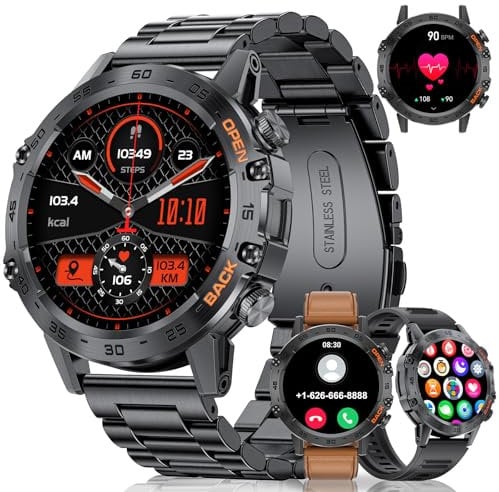 Herren Smartwatch für Android iOS Mit Anruf Bluetooth, 400 mAh Schwarz Edelstahl, 1,39 Zoll Display, Herzfrequenz Schlaf Gesundheit Monitor, 3 Armbänder, 100+ Sport Modi