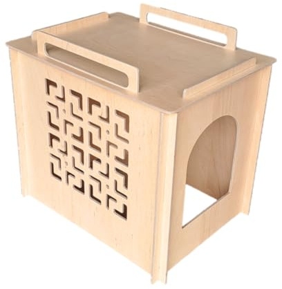 Dunorm - Katzenhaus Holz Toilette, Verstecktes Katzenklo, Kleintierhaus für Hunde Kaninchen, Katzentoilette Möbel, Stilvoll Handgefertigt Sperrholzmöbel (Quadratisches Muster, Natürlich, Klein)