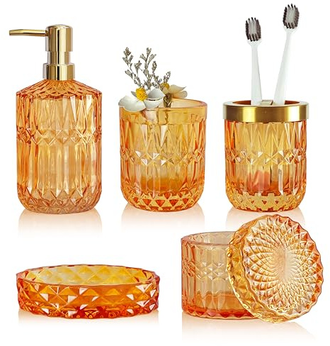 LaMarriti Orange Bathroom Accessories Set, 5Pcs Clear Glass Bathroom Set, Lotion Soap Dispenser, Soap Dish, Tumbler, Toothbrush Holder Set, Qtips Holder for Vintage Bathroom Decor, Gift Set