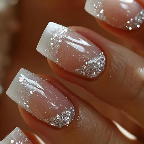 24 Pcs Mediums Square False Nails French Tip Acrylic Nails Full Covers Stick On Nails Sparkling Press On Nails For Women