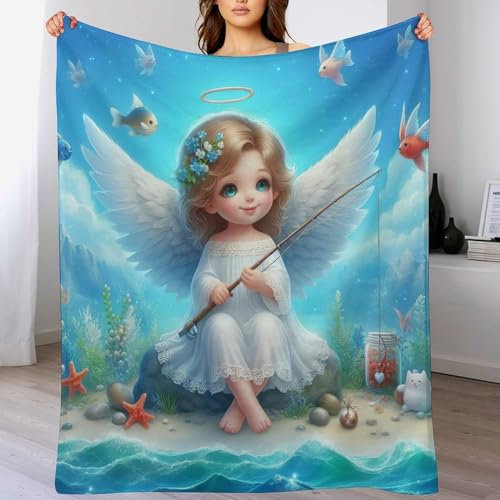 Fisching Angel Decke,Vier Jahreszeiten Weich Wohndecke Decke Schlafdecke Sofadecke Plüschdecke Pelzdecke Printdesign Couchdecke Flannel Bett Decke （100×130cm）