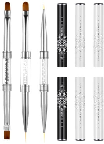 3Pcs Double Ended Hard Gel Nail Brush, Nail Brushes for Gel Nails, Gel Nail Brush, Builder Gel Brush Liner Brush For Nails Gel, Rhinestone Handle Nail Brush for Nail Art Design (2White and 1Black)