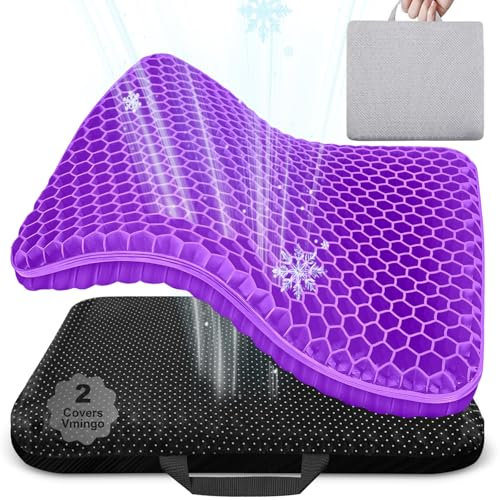 Vmingo Großes Gelkissen, Orthopädische Aufgerüstet, Sitzkissen Bürostuhl Atmungsaktiv mit rutschfest-Abdeckung, Gel Sitzkissen für Rollstuhl Kissen/Auto/Büro/Haus (violett)