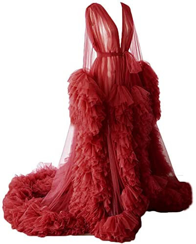 SZSFNMMY Robe de maternité en tulle pour femme - Robe de grossesse à manches bouffantes - Lingerie transparente - Robe de mariée enceinte, bordeaux, L