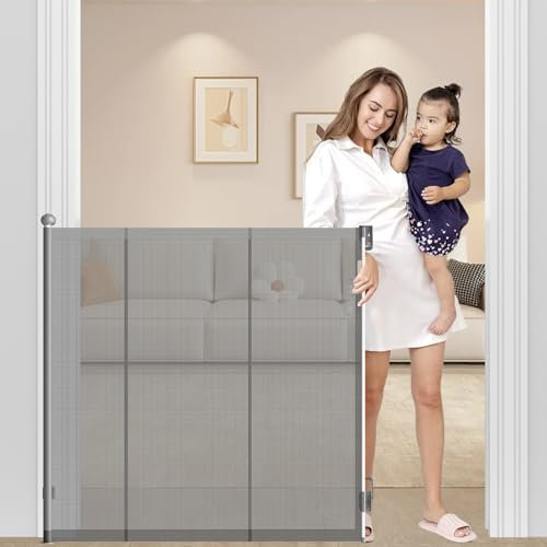 Puerta retráctil extra alta de 125 cm para perros, 200 cm de ancho, puerta retráctil reforzada que evita que se arrastre, puerta de seguridad retráctil con una sola mano para bebés, mascotas y gatos
