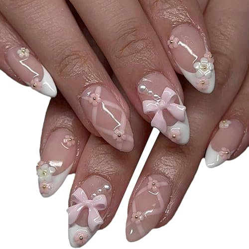 24 Pcs Stick on Nails, French Tip kiss False Nails, Nude Pink Medium press on Fingernails Set Removable Glue-on With Removable Glue-on 3D Flowers And Butterfly Design, for Women Girls Nail Art