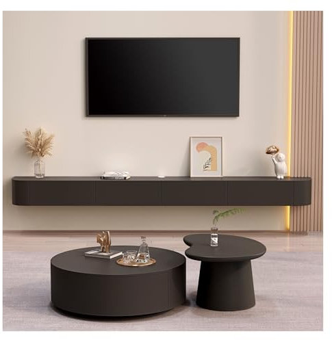 Moderno mobile mobile per TV, 180 cm, nero, da parete, con ripiano in legno con 3/4 scomparti, per soggiorno, elegante mobile per console TV.