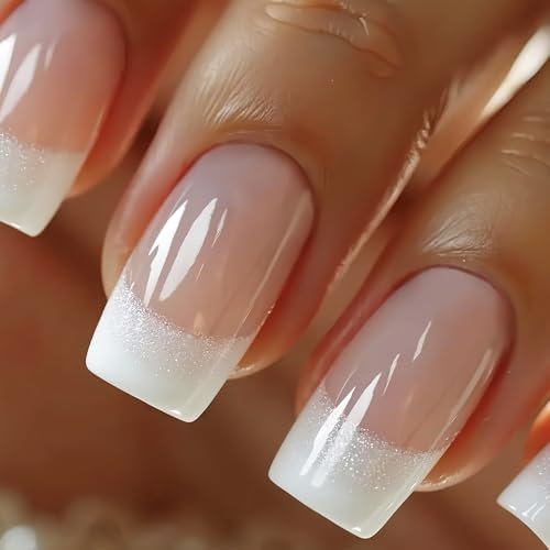 24Pcs Künstliche Fingernägel - French Press On Nails mit Glitzer - Square Nägel Zum Aufkleben French - Shiny Falsche Nägel - Full Cover Kunstnägel für Frauen Mädchen