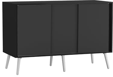 URBNLIVING 3-Door Sliding Sideboard Cabinet with Wooden Legs, Modern Cupboard, Credenza for Living Room, Dining Room or Office, Storage Organizer with Stylish Sliding Doors, Mix & Match Colour Combos