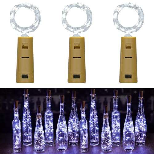 Vicloon Luces para Botellas - 3 Piezas 20 LEDs 2M Alambre de Cobre - Guirnaldas Luz Pilas para Botellas de Vino y Cristal - Decoración Mesa Navidad Boda DIY,Luz Fría