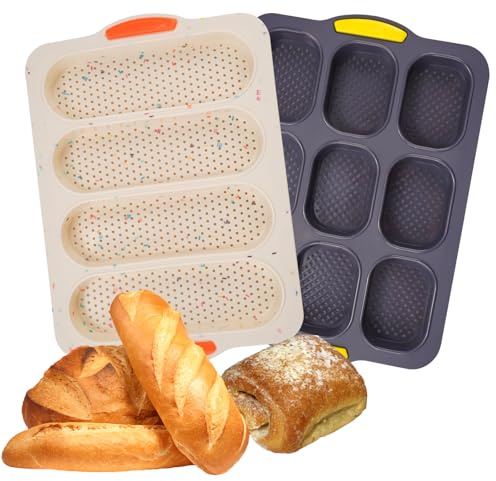 Wisnewth Moule à Pain Baguette en Silicone pour Cuisson, Lot de 2 : 9 Cavités Gris & 4 Cavités Beige, 33.5x23.5x2.5cm, Pour Four Micro-ondes, Démoulage Facile, Résistant aux Hautes Températures