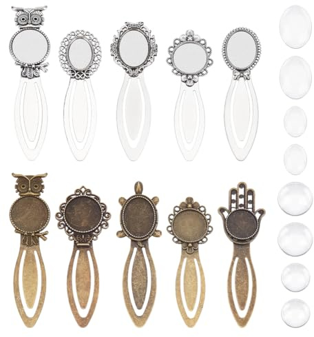 CRAFTYMELODY 20 Stück 10 Stile Vintage Lesezeichen Anhänger Tablett Kit Enthält 10 Stück Oval Runde Metall Lesezeichen Cabochon Einstellung Mit 10 Stück Glas Cabochon