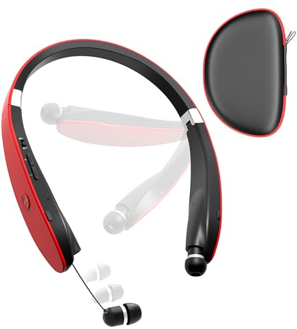 Dpvisn Bluetooth Neckband Headphones, Foldable Wireless Lightweight Neck Headset with Retractable Earbuds, Noise Cancelling Sweatproof Stereo Earphones with Mic & Carrying Case (Red)