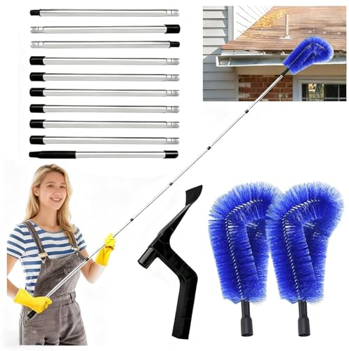 390 cm Dachrinnenreiniger, Dachrinnenbürste und Reinigungslöffel Schaufel 2 in 1 und 10 Pcs Teleskopstiel, Teleskop Dachrinnenreiniger mit Teleskopstiel für die Reinigung von Dächern/Blätte (Blau)