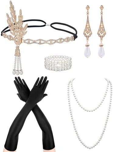 20er Jahre Kostüm Damen Faschingskostüme Karneval 1920er Roaring Accessoires für Frauen 5er Set Gold Flapper Set mit Perlenbesetzten Halsketten Ohrringen Armband und Vintage 20er Accessoires