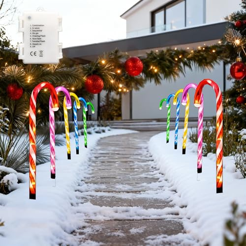 10 Pieces Christmas Pathway Lights 55cm, Multicolour Candy Cane Stakes Battery Operated, Garden Outdoor Christmas Decorations Patio Pathway Drive Way Lights
