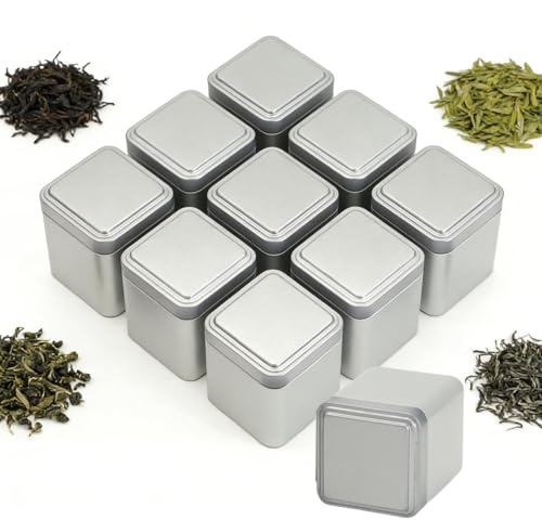Frdhee 10 Stück Teedosen für Losen Tee, 7 × 7 × 8,5 cm Klassische Eckige Teedose Leere Dosen mit luftdichten Deckeln Kleine Metall Dose für Zucker Süßigkeiten Gewürze lose Blatt Tee Lagerung (silber)