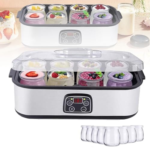 Automatischer Joghurtbereiter Mit 8 Glasbehältern (8 X 180 Ml), Timer (0–48 Stunden) Und Einstellbarer Temperatur (20–50 °C) –Joghurt in Verschiedenen Geschmacksrichtungen Ganz Einfach,A