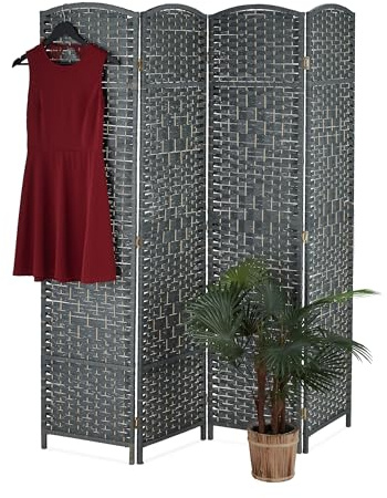 Relaxdays Paravent Raumteiler, HxB: 170 x 160 cm, Faltbarer Raumtrenner, 3-teiliger Sichtschutz, Holz & Papierseil, grau