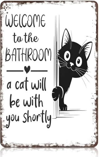 Funny Bathroom Wall Art Cat Sign - Welcome to the Bathroom Vintage Metal Tin Sign, Rolled Edges Design Black and White Cat Decor for Toilet Restroom Washroom (7.9 × 11.8 Inch)