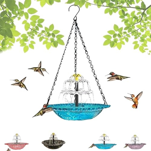 Solar-Kaskaden-Vogeltränke-Brunnen – Hängende Vogeltränke für den Außenbereich mit solarbetriebener Pumpe und Kaskaden-Wasserspieleinsatz für Garten Terrasse und Balkon (Blue B)