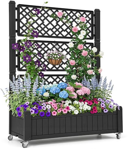 YITAHOME Raised Beds with trellis,Garden trellis with Wheels 108.5 * 44 * 155cm,Drainage Holes and Plugs for Climbing Plants,raised planter holds 15 lbs for Vegetables Flowers Fruit(Dark Black)