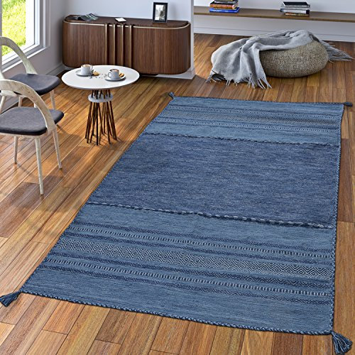 TT Home Handwebteppich Wohnzimmer Natur Webteppich Kelim Modern Baumwolle Streifen Blau, Größe:60x110 cm