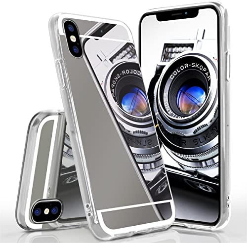 moex Mirror Case für iPhone X/iPhone XS Hülle mit Spiegel und erweitertem Kantenschutz aus Silikon, Handyhülle verspiegelte Rückseite, Stylische Handy Schutzhülle dünn, Schwarz