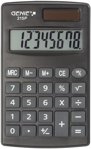 Genie 215 P8-stelliger Taschenrechner; Dual-Power (Solar und Batterie); kompaktes Design; grau