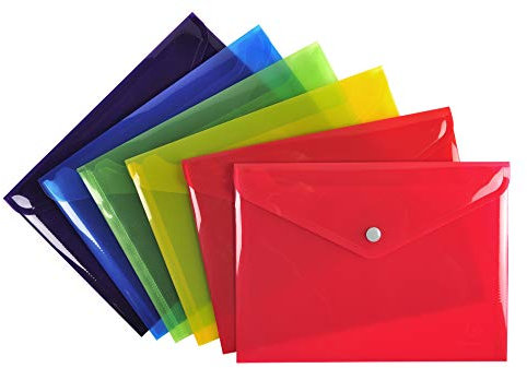 Exacompta - Réf. 34440E - Carton de 30 pochettes fermeture bouton pression avec rabat - En Polypro lisse - Dimensions : 23x17cm - Format à classer A5-6 couleurs assorties