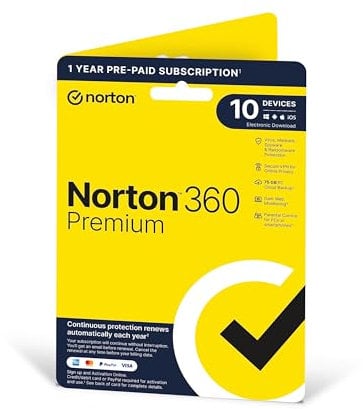 Norton 360 Premium 2025, Antivirus software for 10 Devices and 1-year subscription with automatic renewal, Includes Secure VPN and Password Manager, PC/Mac/iOS/Android, Activation Code by Post