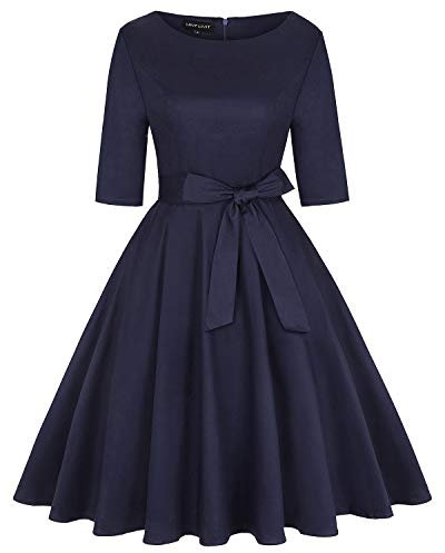 MINTLIMIT Vintage Dress for Women Shrot Sleeve with Belt, Half-Length Retro Solid Vintage Dress Audrey Hepburn Style(Solid Blue,Size XL)
