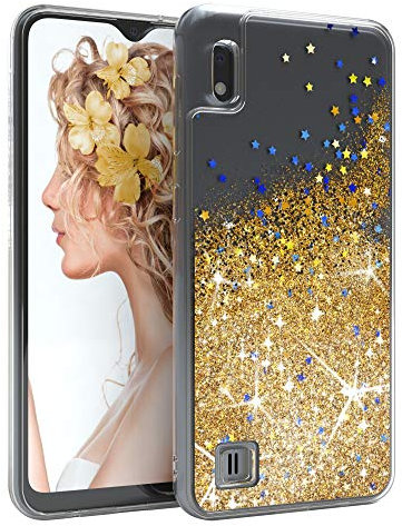 EAZY CASE Hülle kompatibel mit Samsung Galaxy A10 Schutzhülle mit Flüssig-Glitzer, Handyhülle, Schutzhülle, Back Cover mit Glitter Flüssigkeit, TPU/Silikon, Transparent/Durchsichtig, Gold