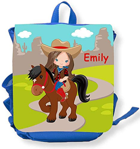 SL-Store GbR Kindergartenrucksack blau Pferd Reiterin braune Haare mit Namen Mädchen Kleinkind Kinderrucksack für KITA Kindergarten personalisiert Name bedruckt