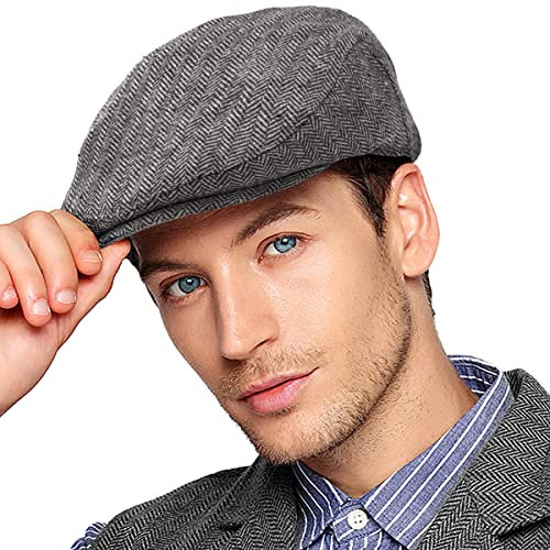 Herringbone Flat Ivy Newsboy Cap für Herren Klassische Wollmischung Tweed Cabbie Hut, Gefülltes Steppfutter, Grau, 7 3/8/7 5/8