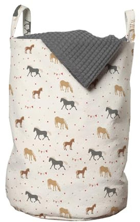 ABAKUHAUS Land Wäschesack, Bauernhof-Party Pferde Tupfen, Wäschekorb mit Griffen Kordelzugverschluss für Waschsalons, 33 cm breit x 49 cm hoch, Champagne und Mehrfarbig