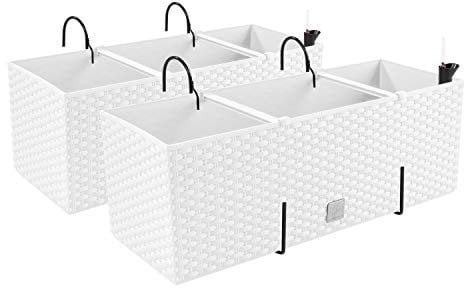PAFEN 2X Blumenkasten Blumentopf Rattan-Optik mit Halterungen Pflanztopf Wasserstandsanzeiger Balkonkasten Pflanzkästen