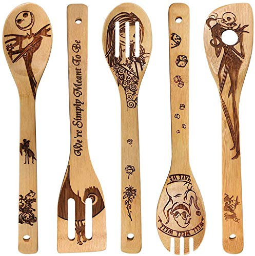 Jack Skellington Gifts - 5 PCS Wooden Spoon Set,Wooden Spatula for Cooking and Baking,Nightmare Before Christmas Gifts,Valentines Gifts for Her,Mothers Day Kitchen Gifts