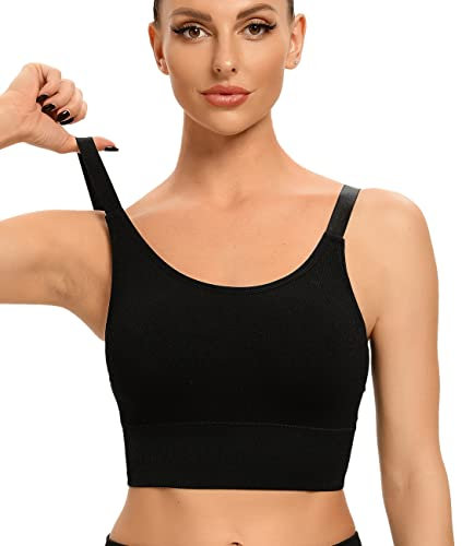 ANGOOL Sport BH Damen Starker Halt Push Up Einstellbarer Schultergurt Sport Bustier Damen Gepolstert Nahtlose Ribbed Ohne Bügel Joggen Yoga Fitness, Schwarz, S