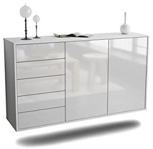 Kommode Sideboard hängend - Saarbrücken - Korpus Weiss matt - Front Hochglanz Design Weiß- (136x77x35cm) - Push to Open Technik & hochwertigen Leichtlaufschienen - Made in Germany